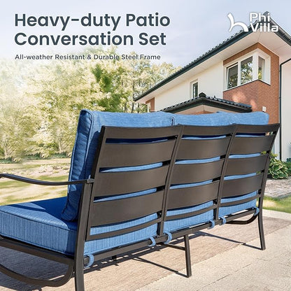 PHI VILLA 6 Piece Patio Furniture Sets with 1 x 3-Seat Deep Seating Bench, 2 x Cushioned Swivel Sofa Chairs, 1 x Coffee Table & 2 Ottoman, Outdoor Metal Conversation Set for Lawn Garden, Peacock Blue