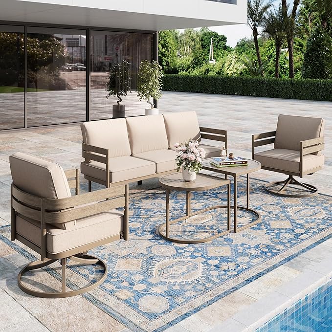 5-Piece Patio Outdoor Conversation Furniture Set with 2 Swivel Chairs, Steel Modern Outdoor Patio Conversation Sets with Thick Cushions for Porch, Balcony, Backyard - Beige