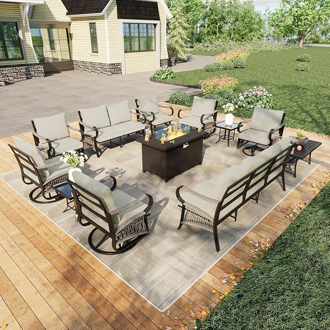 12 Pieces Outdoor Patio Conversation Sets with All Weather Cushions, Metal 3-Seater, 4 Swivel Rockers, 2 Single Chairs, 1 Loveseat, 2 Side Tables, 1 Coffee Table, 1 Fire Pit Table for Backyard, Beige
