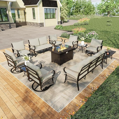 12 Pieces Outdoor Patio Conversation Sets with All Weather Cushions, Metal 3-Seater, 4 Swivel Rockers, 2 Single Chairs, 1 Loveseat, 2 Side Tables, 1 Coffee Table, 1 Fire Pit Table for Backyard, Beige