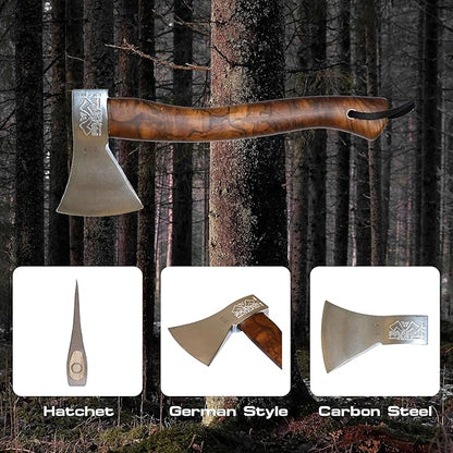 Prandi Axes German C45 Forged Carbon Steel Hatchet - Briar Hickory Handle with Leather String - Ideal for Camping, Travel and Bushcraft - 14" L x 6" W, 600g Polished Head 3.003.06.AH - No Sheath