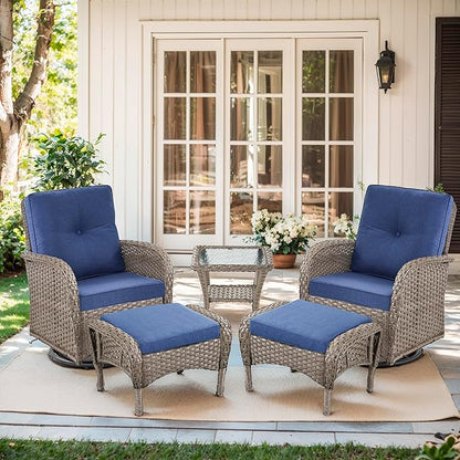 Outdoor Swivel Glider Rocker Chairs Set- 5 Piece Patio Furniture Set, Patio Bistro Sets with Tempered Glass Side Table and 2 Ottoman, for Balcony, Porch - Grey Wicker Blue Cushion