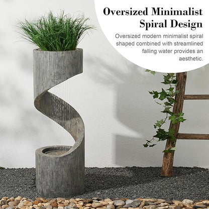 Glitzhome Tiered Outdoor Water Fountain with LED Light, Modern Spiral Outdoor Fountain with Stone Planter, Freestanding Curved Waterfall Fountains for Garden Patio Deck Porch, 40”H