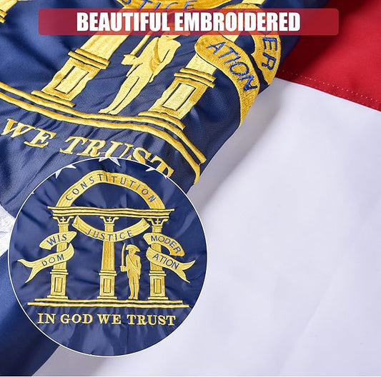 Georgia State Flag 5x8 Ft Deluxe Full Embroidered Premium Polyester Durable GA Outside Flag with Sewn Stripes and Brass Grommets for Indoor/Outdoor