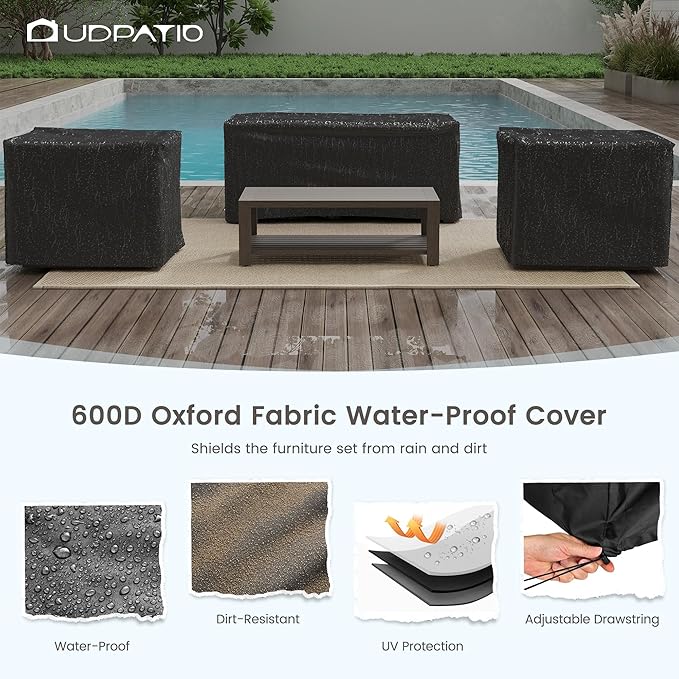 UDPATIO 4 Piece Faux Wood Aluminum Patio Furniture Set Modern Patio Conversation Set with Coffee Table for Balcony, Backyard, Deck, 600D Waterproof Furniture Cover Included, Dark Grey