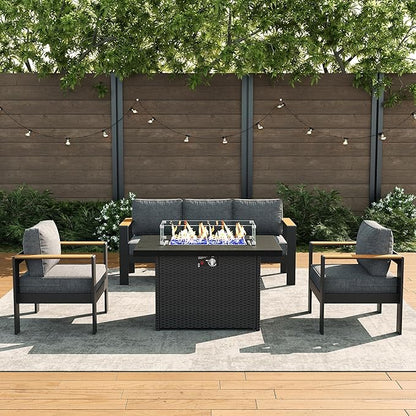 LayinSun 4 Piece Aluminum Outdoor Furniture Set with Fire Pit Table, Outside Patio Deep Seating Conversation Set with Upgraded Washable Thick Cushion