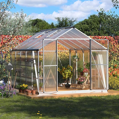 8x10 FT Greenhouse for Outdoors, Polycarbonate Green House with Quick Assembly Structure and Roof Vent, Large Aluminum Walk-in Green House for Outside Garden Backyard, Silver