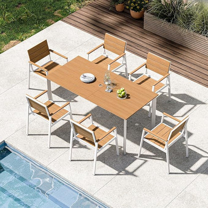 Outdoor Patio Dining Set for 6, Aluminum 7 Piece HDPE Patio Table and Chairs Set with Umbrella Hole, Modern Rectangular Patio Furniture Set with All-Weather Table & 6 Chairs (White & Teak)