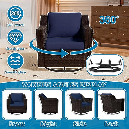 Vista Vibe 3 Pieces Outdoor Patio Conversation Furniture Set - 360 Degree Swivel Glider Rocker Chairs | Wicker End Table, Washable Cushions, Hand-Woven PE Rattan, Lawn, Sunroom (Brown/Navy)