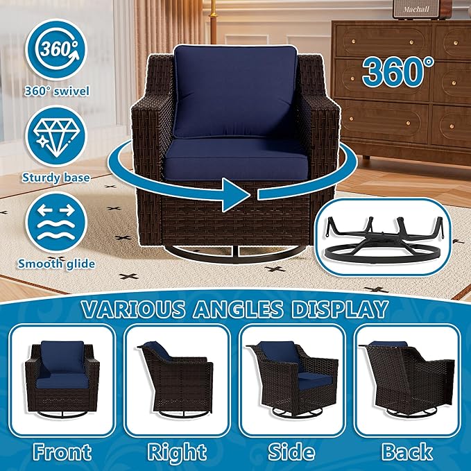 Vista Vibe 6 Pieces Outdoor Rattan Patio Conversation Furniture Set - 360 Degree Swivel Glider Rocker Chairs | Coffee Table | 2 Wicker Chairs, Washable Cushions, Terrace, Sunroom (Brown/Navy)