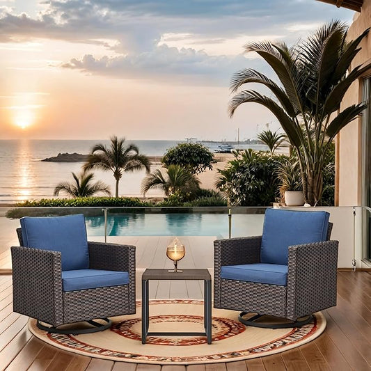 Outdoor Swivel Rocker Patio Chairs ： Swivel Patio Chairs Set of 3 Patio Swivel Chairs Patio Swivel Rocker Chair with Wide Wicker Armrests, Brown / Blue