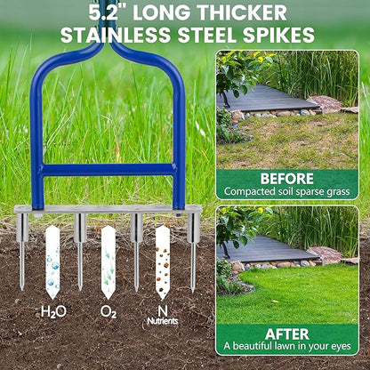 Spike Tine Fork Lawn Aerator - Four 5.2'' Stainless Steel Spikes Manual Gardening Hand Tool - Grass Dethatcher Aerator Lawn Tool with Solid Tines for Compacted Soil - Lawn Plugger Aerator