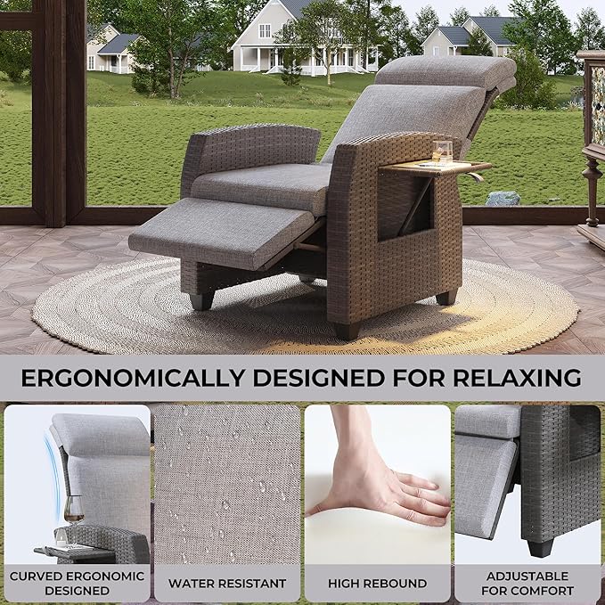 Indoor Outdoor Wicker Recliner Chair with Flip-Up Table Air Pump 155° Lay Flat, Adjustable Wicker Lounge Recliner Chair with Independently Backrest and Footrest