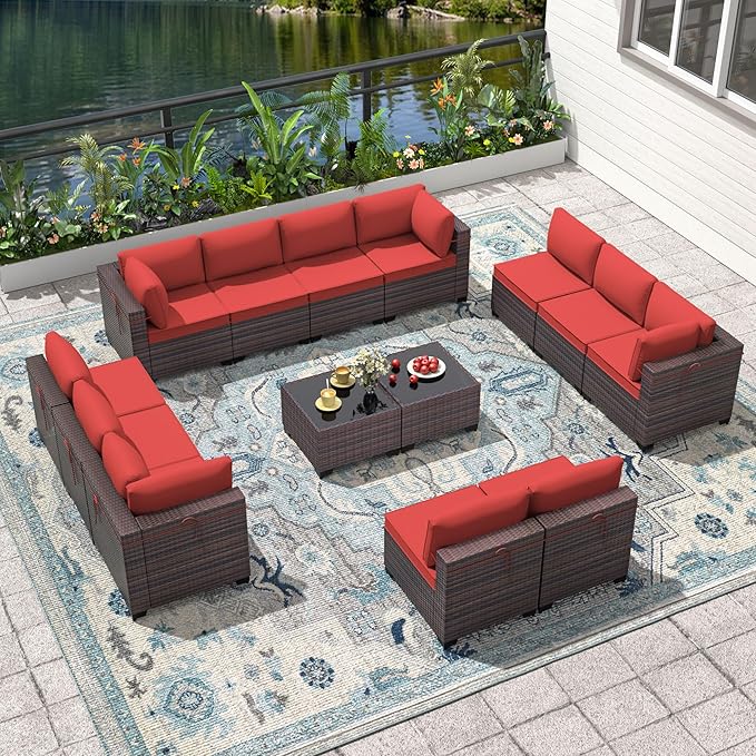 Outdoor Patio Furniture Set, 14 Pieces Outdoor Furniture All Weather Patio Sectional Sofa PE Wicker Modular Conversation Sets with Coffee Table,12 Chairs & Seat Clips(Red)