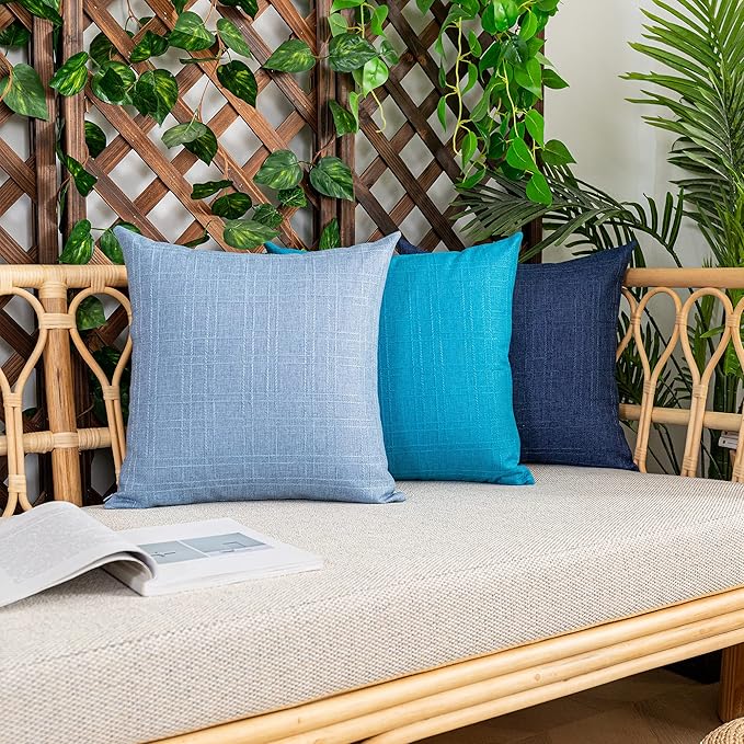 Kevin Textile Pack of 2 Decorative Outdoor Waterproof Pillow Covers Checkered Garden Cushion Sham Throw Pillowcase Shell for Patio Tent Couch 16x16 Inch Peacock Blue