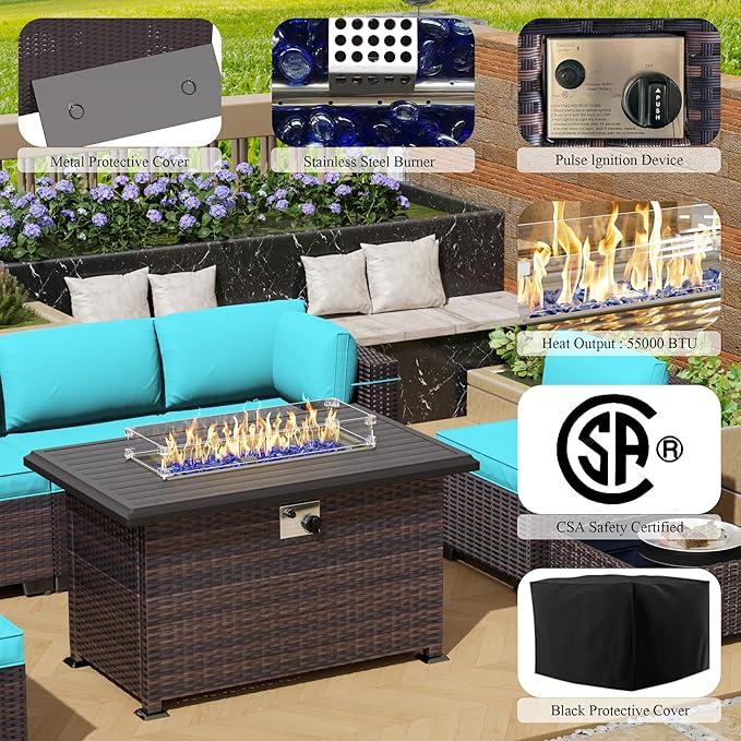 Outdoor Patio Furniture Sets with Propane Fire Pit Table, 10 Pieces Outdoor Furniture Patio Sectional Sofa Conversation Sets w/ETL Approved 43" Gas Outdoor Fire Table & Coffee Table (Turquoise)