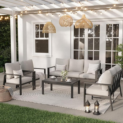 7 Seats Patio Conversation Set, Aluminum Outdoor Furniture Set Sectional Sofa with Upgrade Cushion and Coffee Table for Balcony, Porch,Garden,Backyard