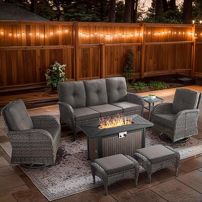 7 Piece Patio Furniture Set with Fire Pit Table - Wicker Patio Conversation Set with Swivel Glider, 3 Seat Sofa, Side Table and 2 Ottomans for Deck Backyard - Brown Wicker Grey Cushion