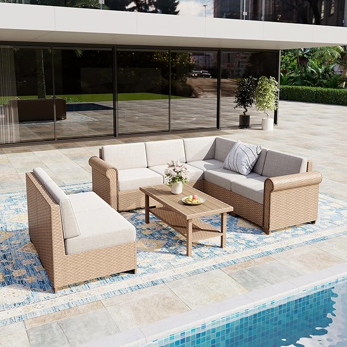 Patio Furniture Set, 8 Piece Outdoor Rattan Wicker Sectional Conversation Set with 5.5" Thick Waterproof Cushions and Coffee Table