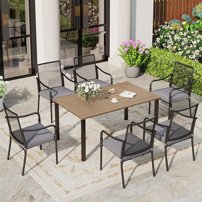 Patio Table and Chairs Set of 6, All-Weather Breathable Metal Mesh Patio Chair with Gourd-Shaped Armrests, 60x38 Wood-Like Table with Umbrella Hole, 7 Pcs Metal Frame Patio Dining Set