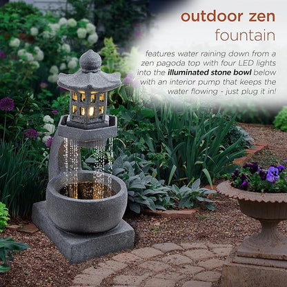 Alpine Corporation DIG370 31" Outdoor Zen Pagoda Water Fountain with LED Lights & Illuminated Stone Bowl – Tranquil Garden Water Feature for Relaxation and Ambiance, Gray