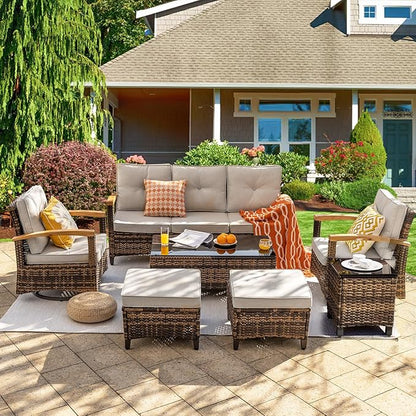 MEISSALIVVE 7 Pieces Patio Furniture Sets,PE Wicker Outdoor Furniture Conversation Sets with 2 Wood Armrests Swivel Rocker Chairs, 2 Ottoman, 3-seat Sofa and Coffee Table(Brown)
