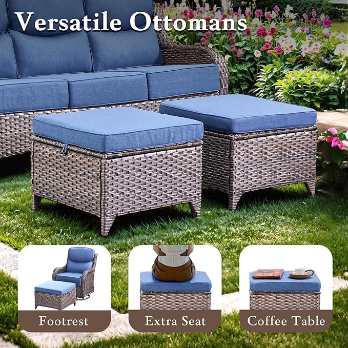 Luxury Outdoor Furniture Set with 6-Inch Thick Cushion, High Back Swivel Patio Chairs with Ottoman & Side Table, Outdoor Wicker Swivel Bistro Set for Porch, Yard, Deck, Poolside, Brown/Blue