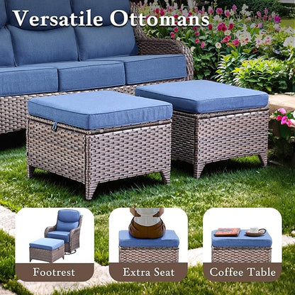 Luxury Outdoor Furniture Set with 6-Inch Thick Cushion, High Back Swivel Patio Chairs with Ottoman & Side Table, Outdoor Wicker Swivel Bistro Set for Porch, Yard, Deck, Poolside, Brown/Blue