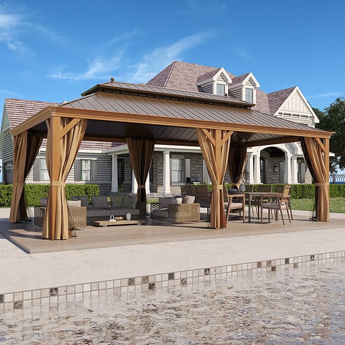 12' X 22' Hardtop Gazebo, Aluminum Wood-Looking Frame Outdoor Permanent Galvanized Steel Double Roof Pavilion Pergola Canopy with Privacy Curtains for Garden, Patio, Backyard, Deck and Lawns.