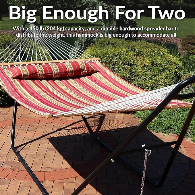 Sunnydaze Double Quilted Fabric Hammock with Universal Steel Stand - 450-Pound Capacity - Black Stand - Red Stripes