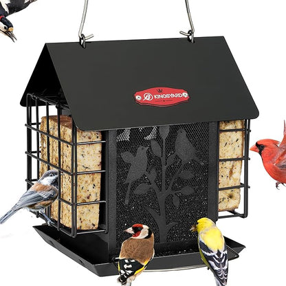 Kingsyard Metal Bird Feeder for Outdoor Hanging, Wild Bird Feeder with Double Suet Cage, Weatherproof Roof and 3 lbs Large Seed Capacity, Black