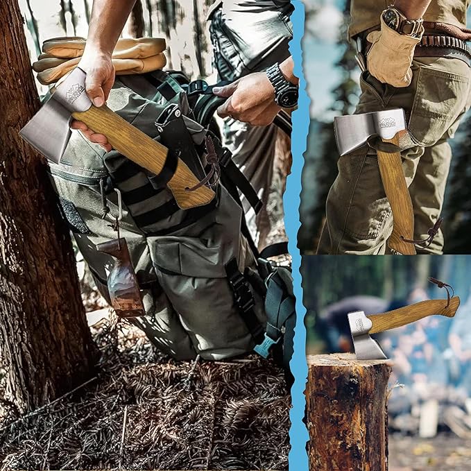 Prandi Segurin Hatchet 88 lb - Hickory Handle 11 in with Leather String - Ideal for Camping, Travel and Bushcraft - Made in Italy