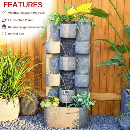 Outdoor Water Fountain Garden - Waterfall Large Water Feature Fountains with LED Lights & Pump, Concrete Artistry for Patio Yard Pool Home Decor, (45 inches Tall, Gray)