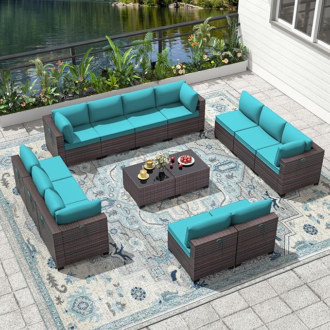 Outdoor Patio Furniture Set, 14 Pieces Outdoor Furniture All Weather Patio Sectional Sofa PE Wicker Modular Conversation Sets with Coffee Table,12 Chairs & Seat Clips(Turquoise Blue)
