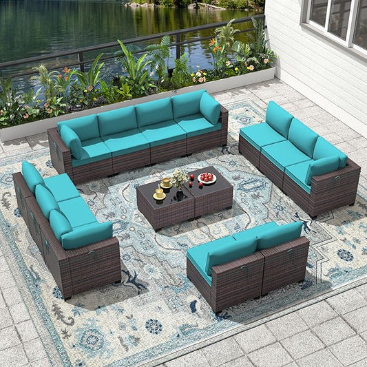 Outdoor Patio Furniture Set, 14 Pieces Outdoor Furniture All Weather Patio Sectional Sofa PE Wicker Modular Conversation Sets with Coffee Table,12 Chairs & Seat Clips(Turquoise Blue)