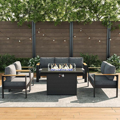 LayinSun 5 Piece Aluminum Outdoor Furniture Set with Fire Pit Table, Outside Patio Deep Seating Conversation Set with Upgraded Washable Thick Cushion