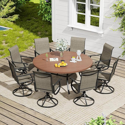VICLLAX 9 Pieces Outdoor Dining Set, Patio Furniture Set of 8 Patio Swivel Dining Chairs and 60" Patio Round Table, Mixed Brown Chairs & Walnut Tabletop