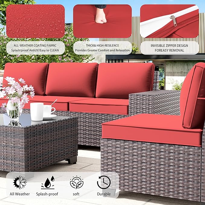 Outdoor Patio Furniture Set with Propane Fire Pit Table, 13 Pieces Outdoor Furniture Patio Sectional Sofa Conversation Sets w/ETL Approved 43" Gas Outdoor Fire Table & Coffee Table Red.
