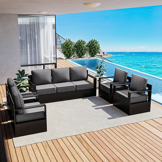 Outdoor Patio Furniture Set, 5-Piece Aluminum Patio Conversation Set All-Weather Metal Outdoor Sectional with 6 Inch Thick Cushions, Deep Setting for Garden, Outside and Porch