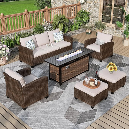 Patio Furniture Set, 6 Pcs Wicker Rattan Outdoor Conversation Set, 2 x Leg Chairs, 1 x 3 Seater Sofa and 2 x Ottoman with 4" Thick Cushion and 56" Fire Pit Table, Beige