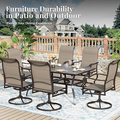 Patio Dining Set, 7 Person Outdoor Table and Chairs, 6 x Textilene Swivel Dining Chairs and 60" Rectangle Black Table, for Cozy Garden Settings, Grayish Brown
