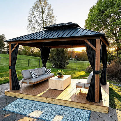 PURPLE LEAF 10' X 12' Hardtop Gazebo Outdoor Wood Grain Aluminum Frame Galvanized Steel Double Roof Gazebos with Netting and Curtains for Patio Deck Backyard Garden