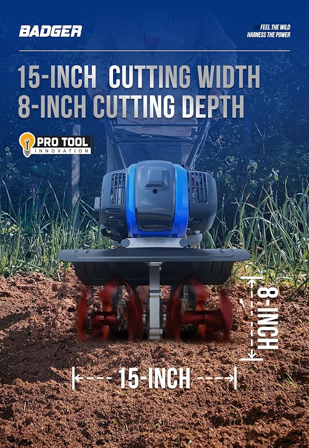 WILD BADGER POWER Garden Tiller 53cc Mini Cultivator 15 inch Powerful Liftable Booster Rod Tilling Tool for Lawn, Garden and Field Soil Cultivation