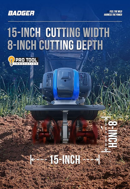 WILD BADGER POWER Garden Tiller 53cc Mini Cultivator 15 inch Powerful Liftable Booster Rod Tilling Tool for Lawn, Garden and Field Soil Cultivation