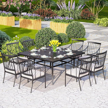 PHI VILLA 9 Pieces Outdoor Dining Set for 8, 60” Square Wrought Iron Dining Table & Heavy-Duty Steel Chairs with Cushions, Large Dining Furniture Set for Patio, Deck, Yard, Porch