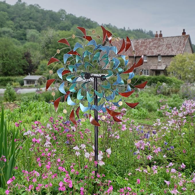 Sunnydaze Rainbow Breezes Metal Garden Wind Spinner - Removable Pole Sections for Adjustable Height - Dual-Motion Blades - 84" H