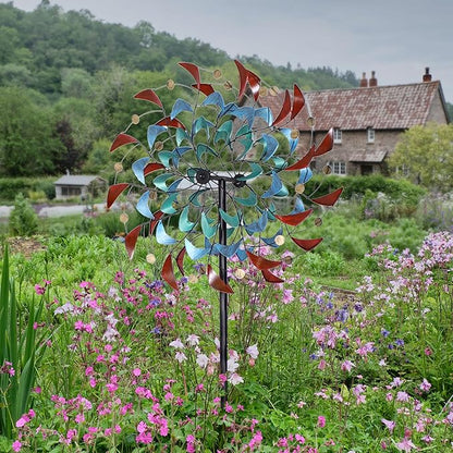 Sunnydaze Rainbow Breezes Metal Garden Wind Spinner - Removable Pole Sections for Adjustable Height - Dual-Motion Blades - 84" H