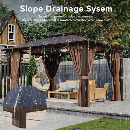 Aoxun 10'x13' Hardtop Gazebo, Aluminum Frame Permanent Pavilion with Curtains and Netting, Outdoor Polycarbonate Gazebo, Double Roof Canopy, for Gardens, Patios, Lawns