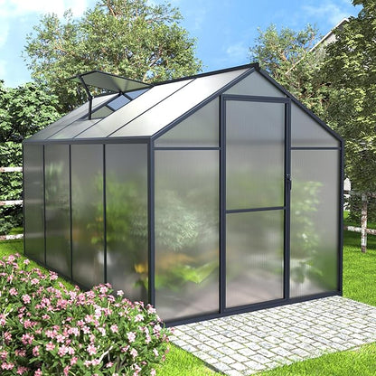 Mupater 6x8 FT Aluminum Frame Greenhouse, Heavy-Duty Polycarbonate Greenhouse with Lockable Door and Adjustable Roof Vent, Walk-in Green House Kit for Outdoors, Garden, Lawn, Backyard, Grey