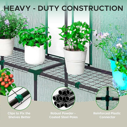Elly Walk-in Outdoor Greenhouse with Durable PE Cover 56 x 56 x 76 Portable Green House with 2 Mesh Side Windows, Shelf Clips, 3 Tier 8 Shelves Heavy Duty, Plant House with Roll-up Zipper Door